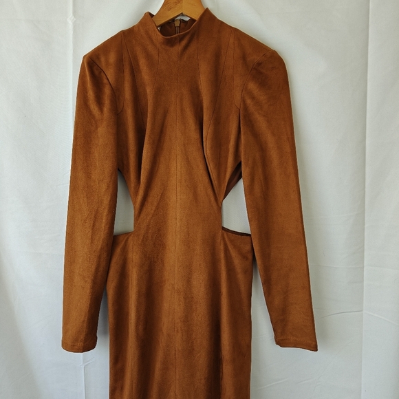 House Of CB London Brown Suede Midi Dress High Neck Cutout Slit Size Small - Picture 7 of 16